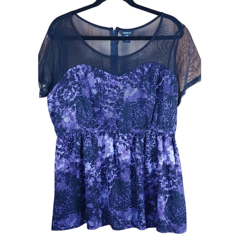 Torrid Size 2X Plus Size Purple & Black Lace Print Mesh Neck Babydoll Top Y2K